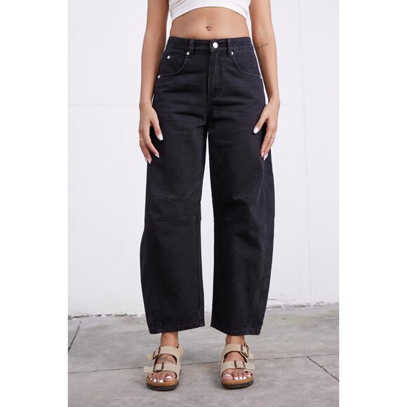 Women’s Baggy Wide Leg Mid Rise Cropped Denim Jeans with Pockets - Picture 3 of 7